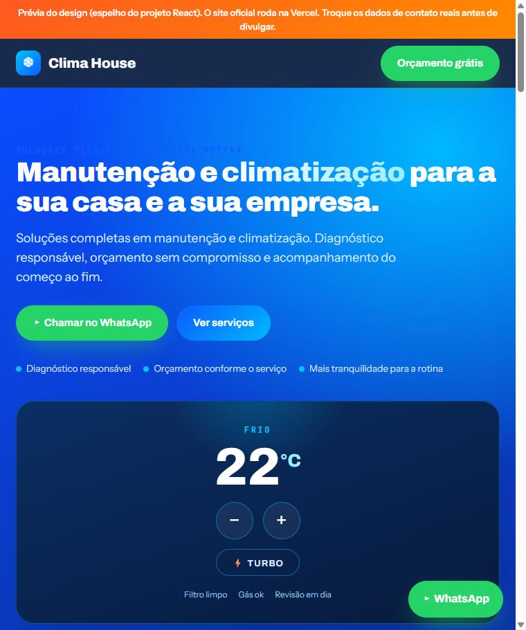 Site da Clima House, manutenção e climatização
